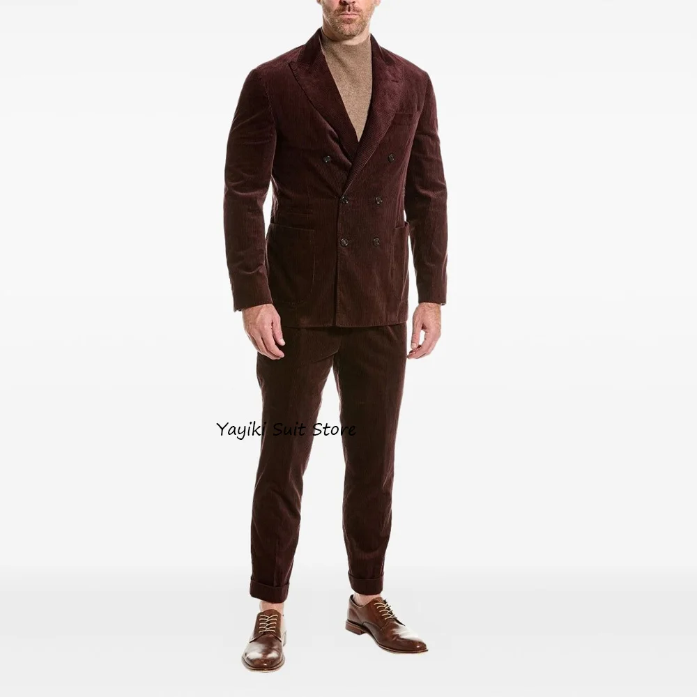 

Мужские костюмы, комплект из двух предметов, трендовые костюмы из вельветовой ткани, остроконечные лацканы, квадратные карманы, мужской костюм, повседневный двубортный модный костюм