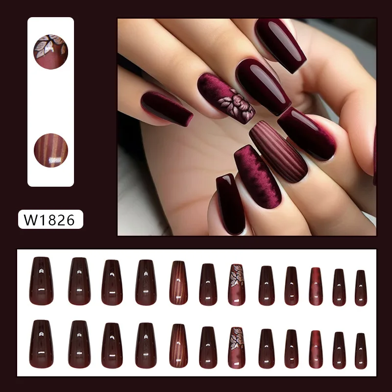 24Pcs Dark Red Press on Nails with Mysterious Smudge Floral Stripe Design Skin-Brightening Cool Sweet False Nails Wearable Nails