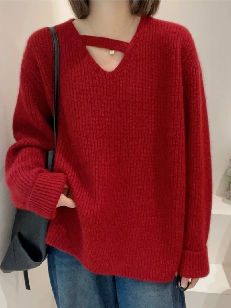 ay V-Ne محبوك سترة المرأة الخريف الشتاء الجوف خارج تصميم تحسس كسول Sle أعلى عالية الجودة فضفاضة تناسب طويلة Sve