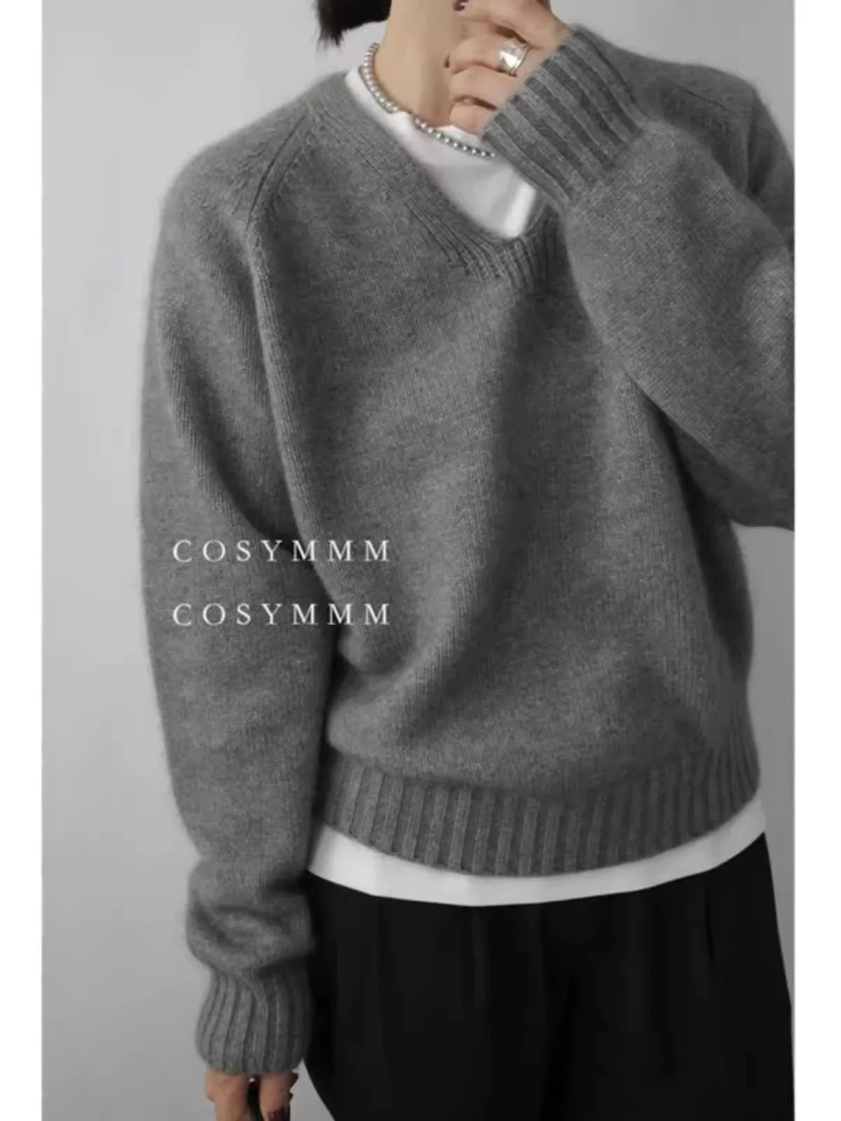 Commuter loose V-neck cashmere knitwear women autumn and winter Korean version large size pullover sweater pure wool base shirt