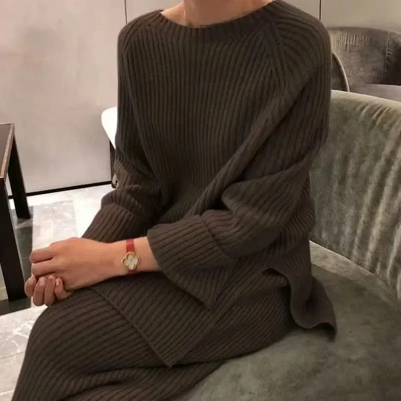New Fashion Winter Women\'s Thicken Warm Knitted Pullover Sweater Two-Piece Suits +High Waist Loose Wide Leg Pants Set