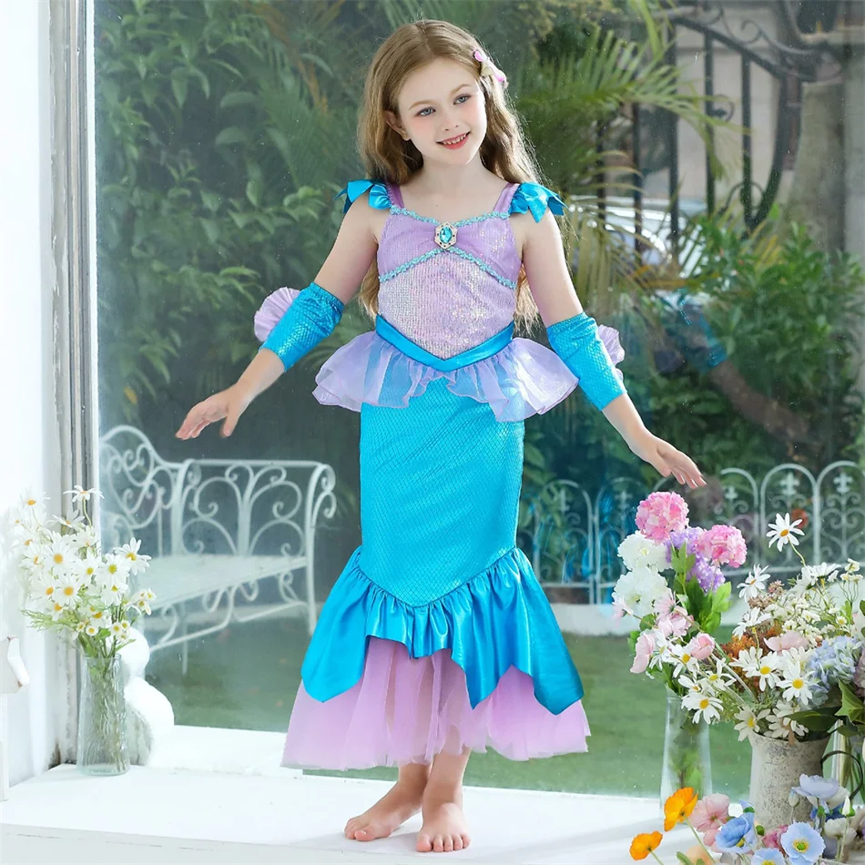 Children Fancy Fishtail Skirt Girl Mermaid Ariel Role Play Princess Dress Kid Fashion Cosplay Stage Performance Birthday Clothes