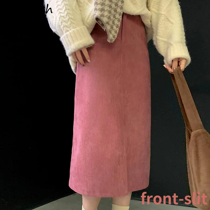 

Vintage Corduroy Skirts Women Autumn Classic Solid A-line Skirt Streetwear Chic Ulzzang Females Popular High Waist Front-slit