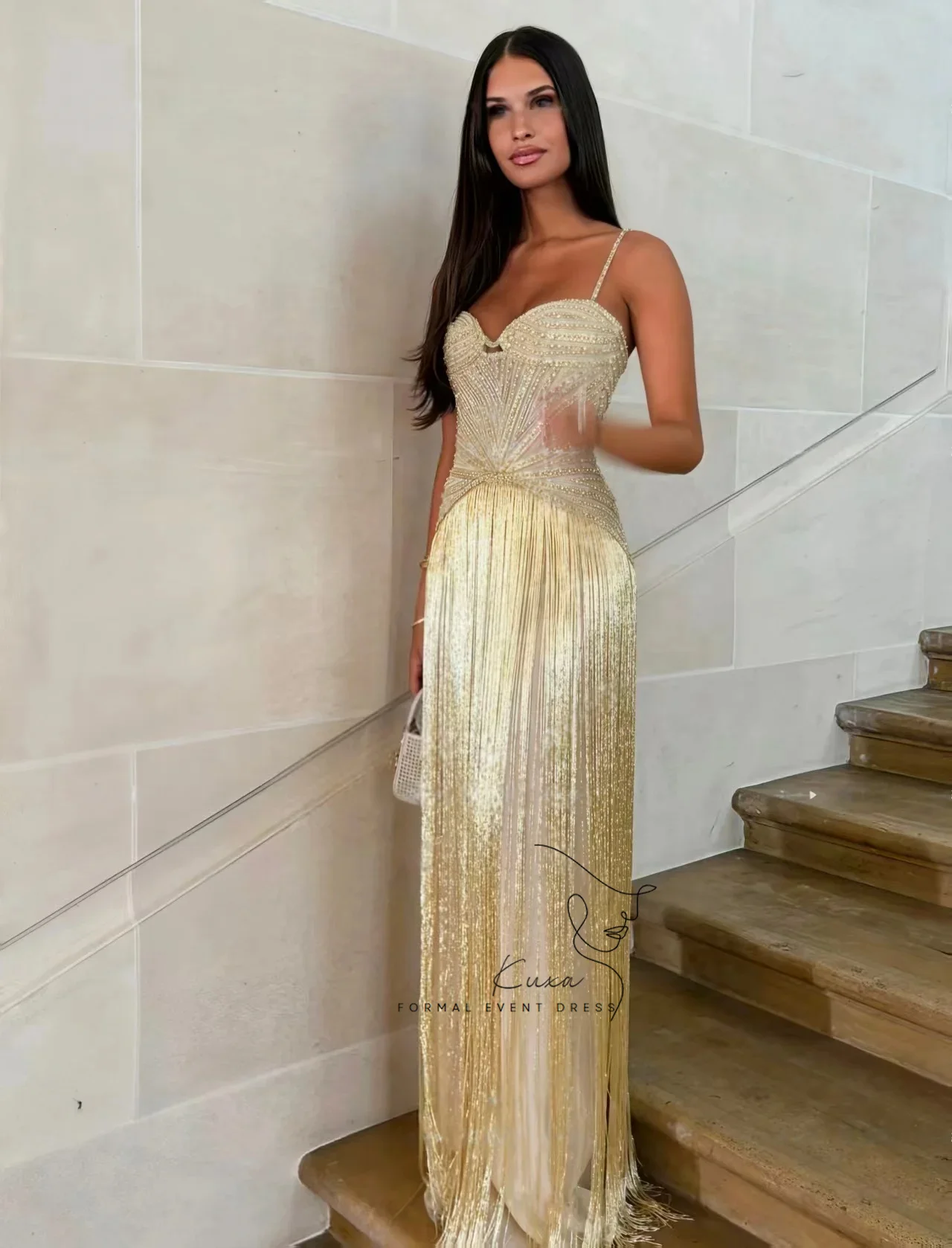 KUXA Exquisite Tassel Golden Evening Dress Sweetheart Beading Straps Floor Length Wedding Party Dresses Customized Prom Gowns image 3