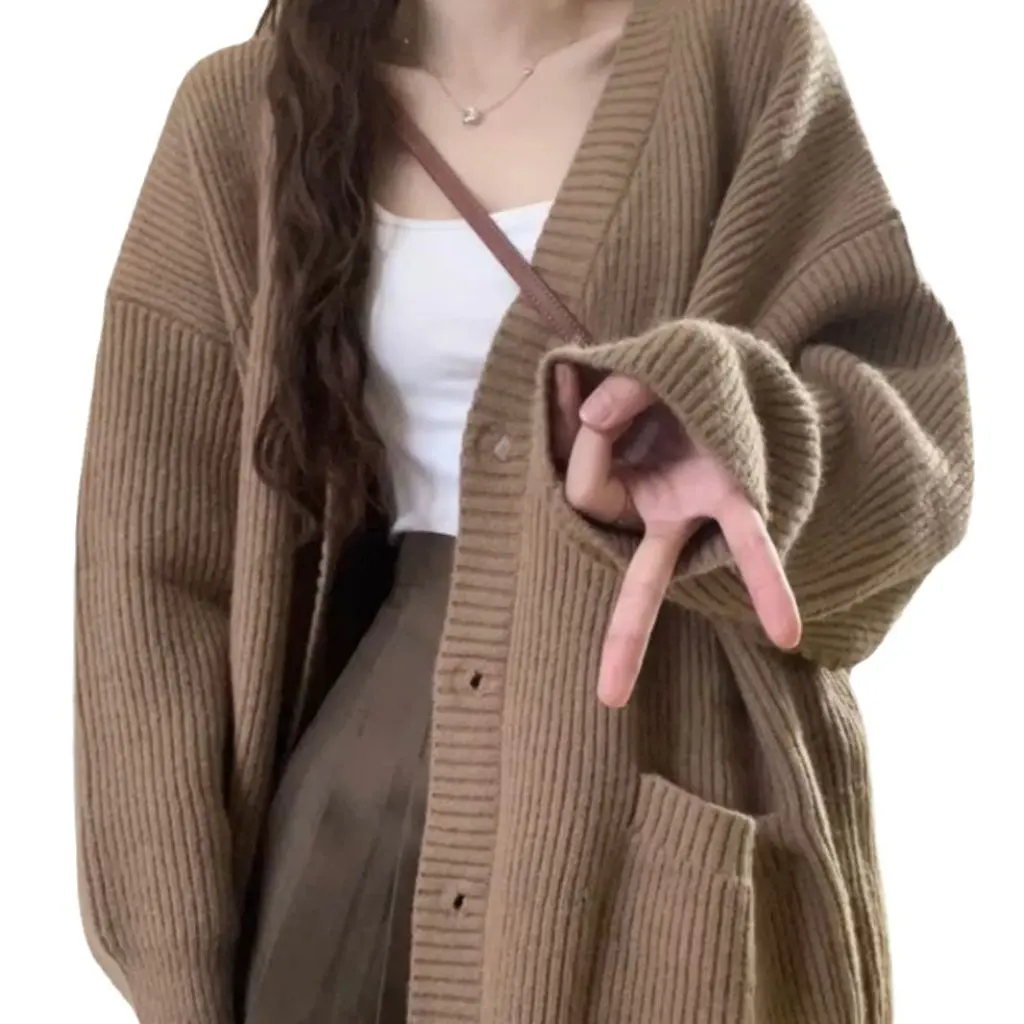 

Maoning Japanese-Style V-Neck Cardigan Sweater Solid Color Korean Loose Knit Casual Jacket for Autumn Winter