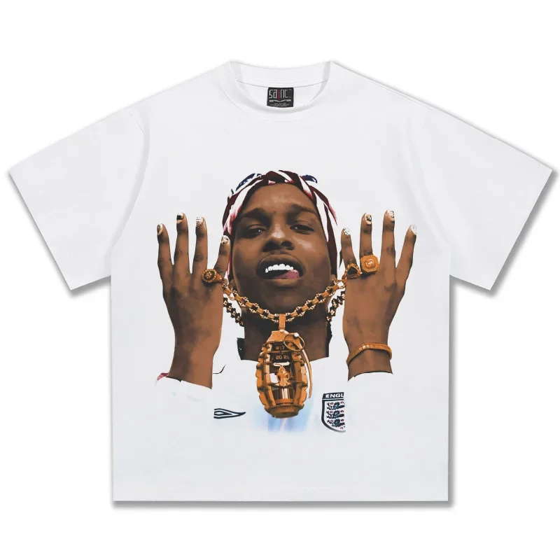 

2025 Men's and Women's Asap Rocky American hip-hop retro print t-shirt fashion loose high street 100% cotton o-neck short sleeve