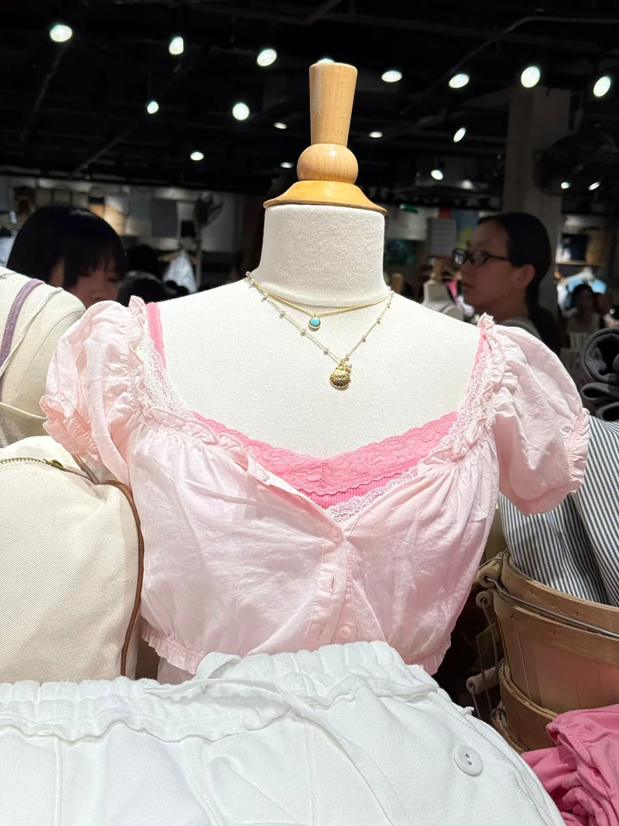 Ruffles Pink Super-Short T-shirt Woman Square Collar Single Breasted Puff Sleeve Cropped Smock Summer Sweet Solid Thin Crop Tops