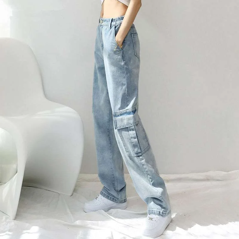 Blauw Alle-Match Jeans Vrouw Casual Hoge Waisted Straight Slim Vintage Wijde Pijpen Denim Broek Met Pocket Cargo Broek office Lady