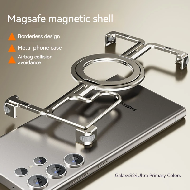 Magnetic Metal Bracket Phone Case For Samsung Galaxy S24 S23 Ultra Aluminum Alloy Frameless Bumper With Finger Ring Phone Cover image 6