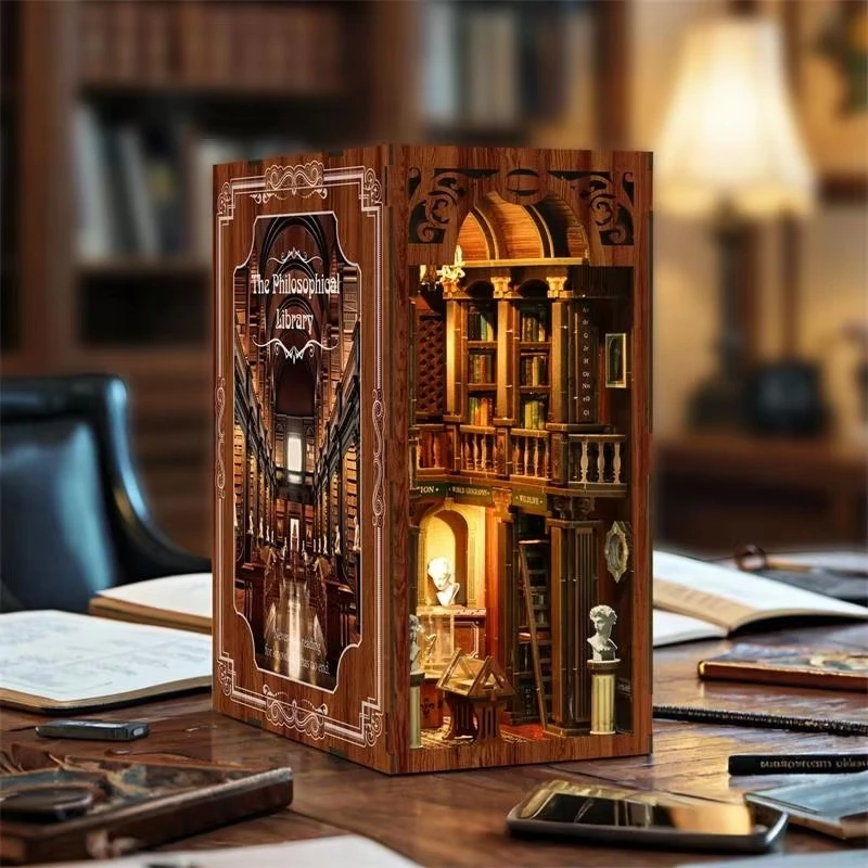 

Retro DIY Wooden Book Nook Shelf Insert Miniature Kits The philosophical Library Bookshelf Home Decoration Adult Handmade Gifts