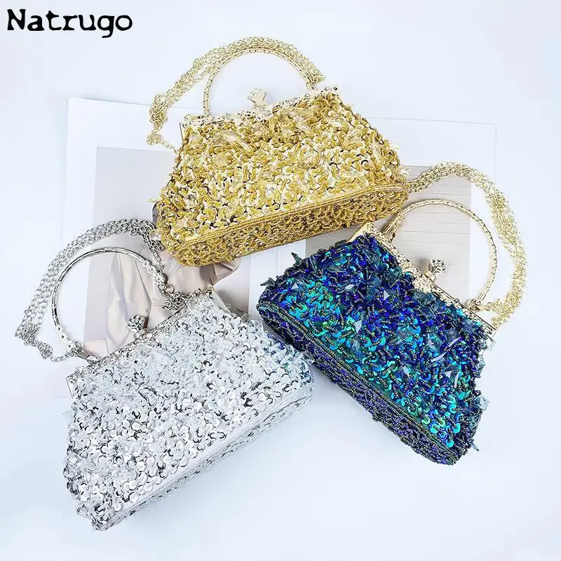 Luxury Sequin Beading Evening Gold Clutch Bag Glitter Bead Design Elegant Woman Party Bags Fashion Bridal Purse Silver Handbags