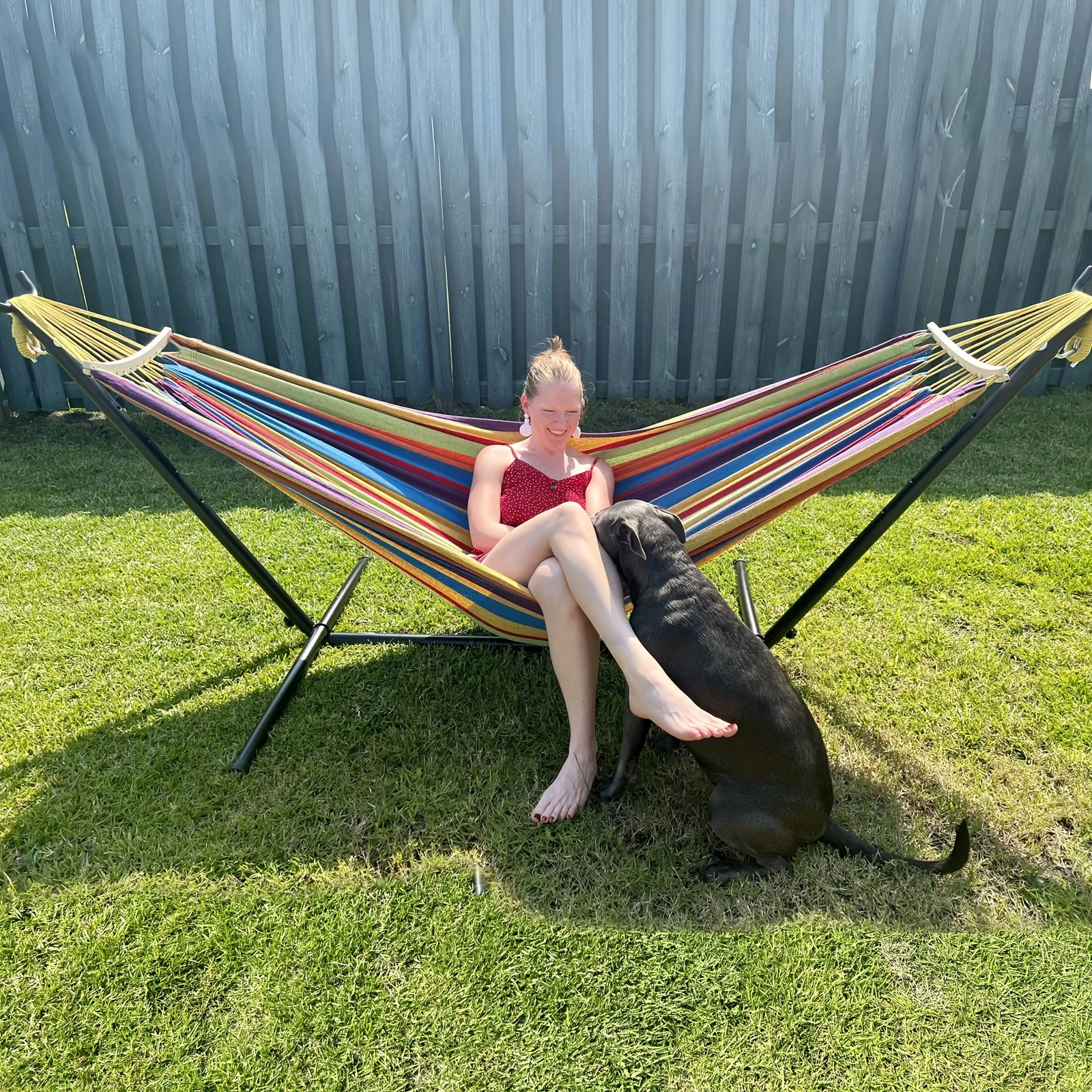 Double Hammock with Steel Stand - 450lb Capacity Includes 2 Anti-Roll Bars & Premium Carry Bag, Backyard & Beach, hammocks
