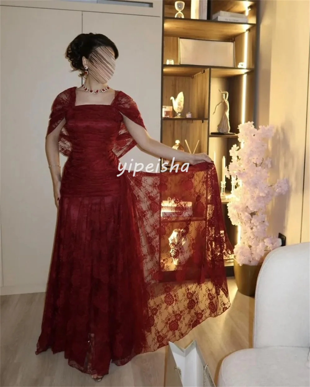 Customized Exquisite Classic Lace Pleat Ruched A-line Square Neck Long Dresses Evening Dresses Casual Sizes Available Formal 3