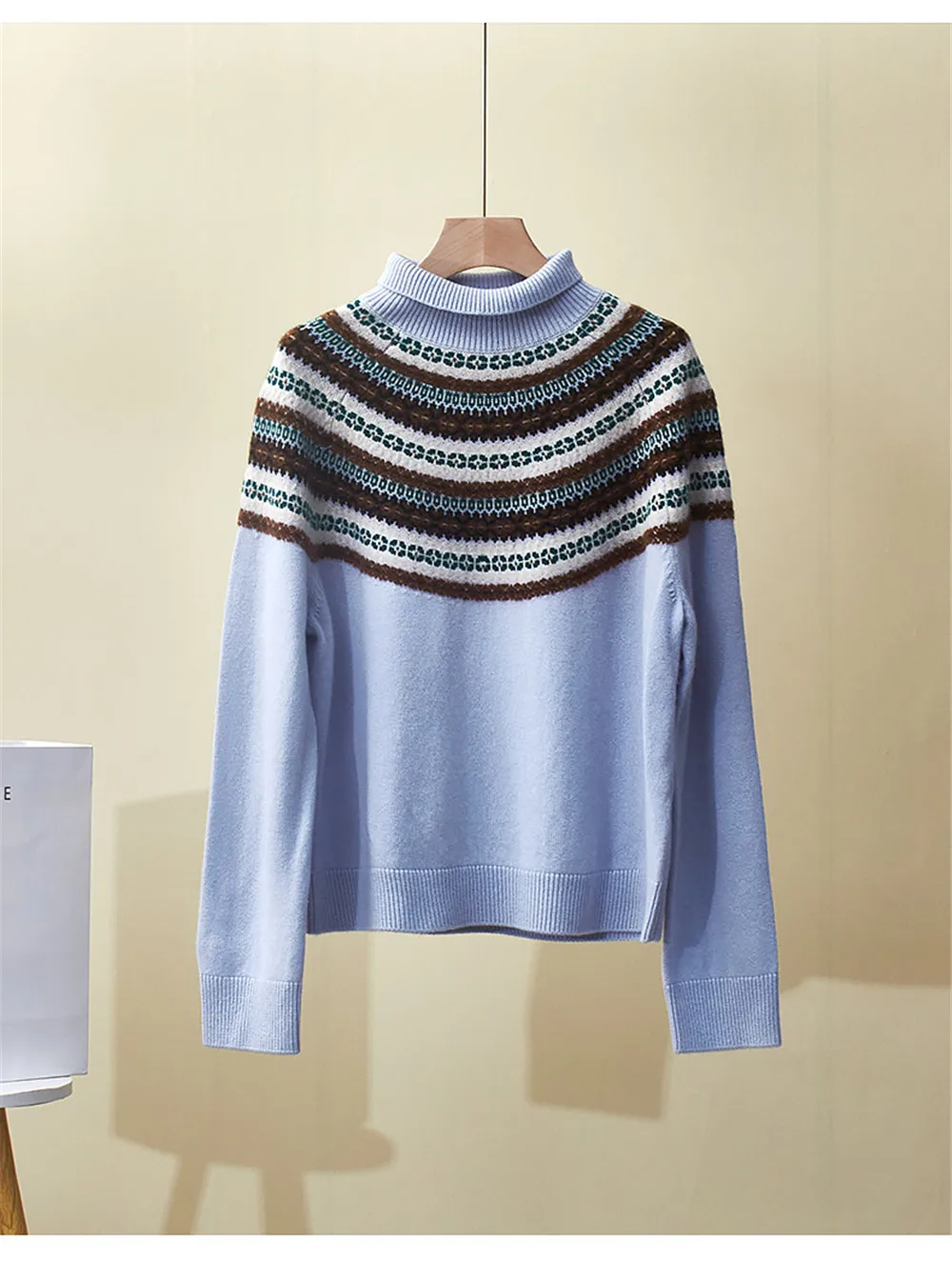 Winter Women's New Semi High Neck Jacquard Knitted Cashmere Pullover Sweater