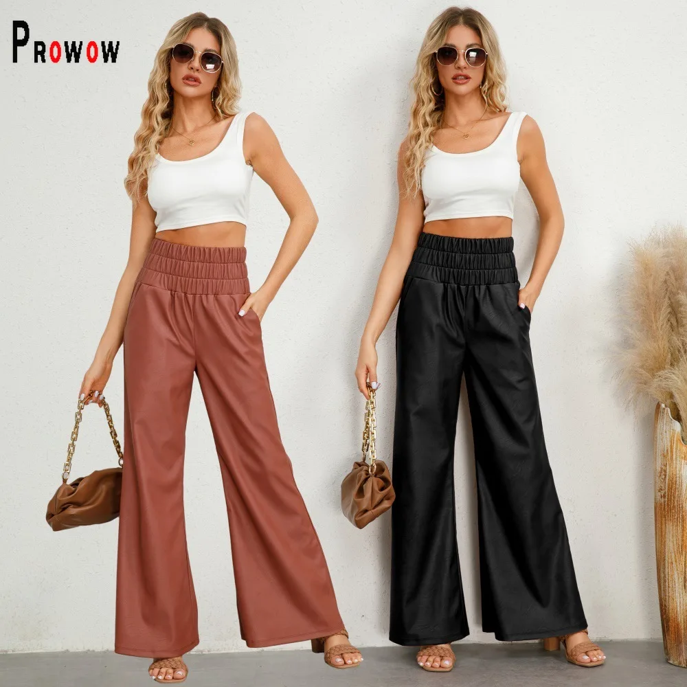 

Prowow Women's Pant Fashion Pu Leather Black Wide Leg Trousers High Waisted Solid Color Brown Slim Fit Streetwear Female Bottoms