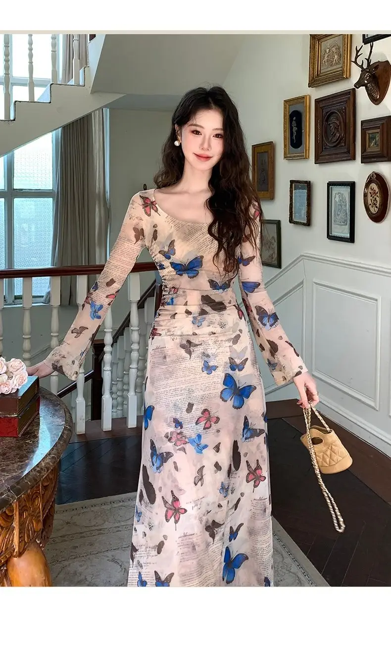 فساتين نسائية بأكمام طويلة فستان مكشكش للخريف محبوك مبطن متشابك مرونة الياقة المدورة شريط عمودي مكان العمل الرسمي #6