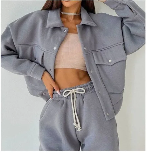 Women Two Pieces Pant Sets Single Breasted Jacket Solid Coat Drawstring Pants Suit Thick Warm Jackets Casual Lady Regular