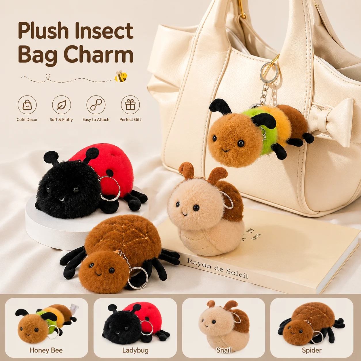 Creative Insect Plush Keychain Stuffed Animal Bag Charm Soft Fluffy Bee Snail Bag Pendant for Backpack Purse