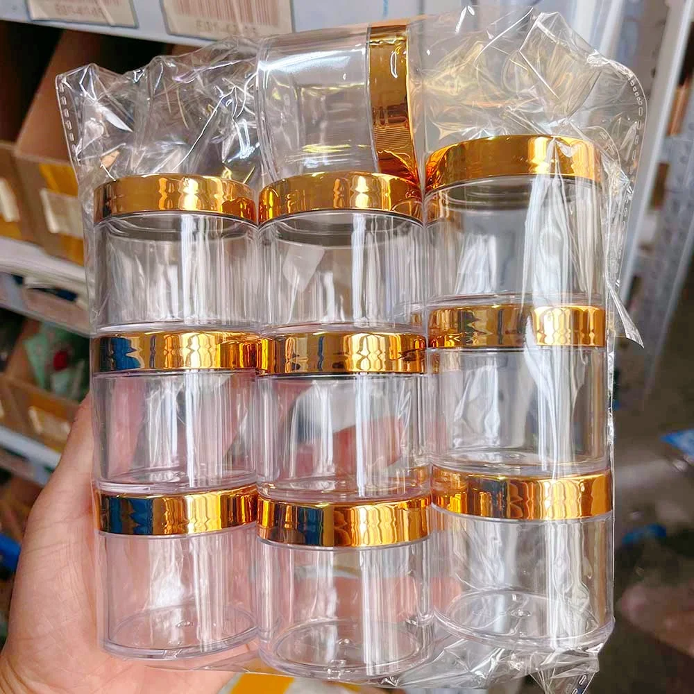 

10Pcs 2oz Empty Plastic Clear Refillable Bottle with Gold Lid Travel Makeup Facial Cream Container Acrylic Powder Glitter Jar