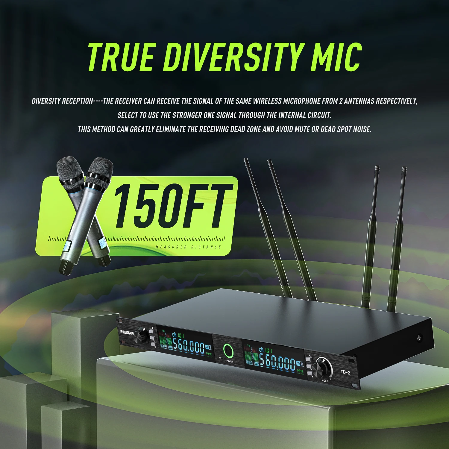 TD2 Riworal Portable UHF True Diversity Wireless Microphone System for Church and Conference Use