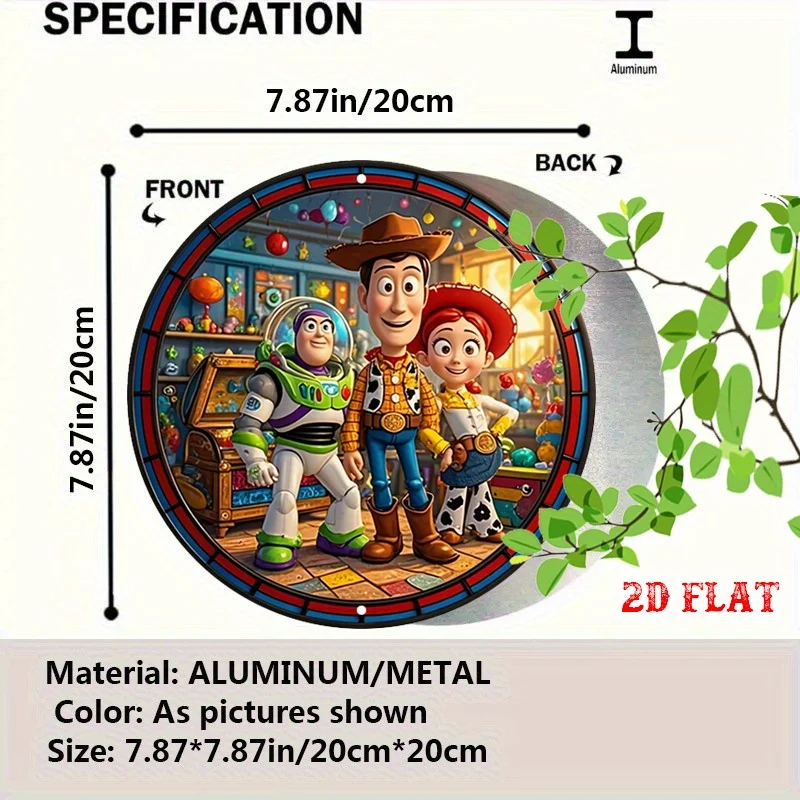 [2D Flat] قطعة واحدة من علامة معدنية مسطحة عتيقة مستوحاة من قصة الالعاب - Woody، Buzz Lightyear & Jessie - ديكور حائط من الألومنيوم المستدير الريفي