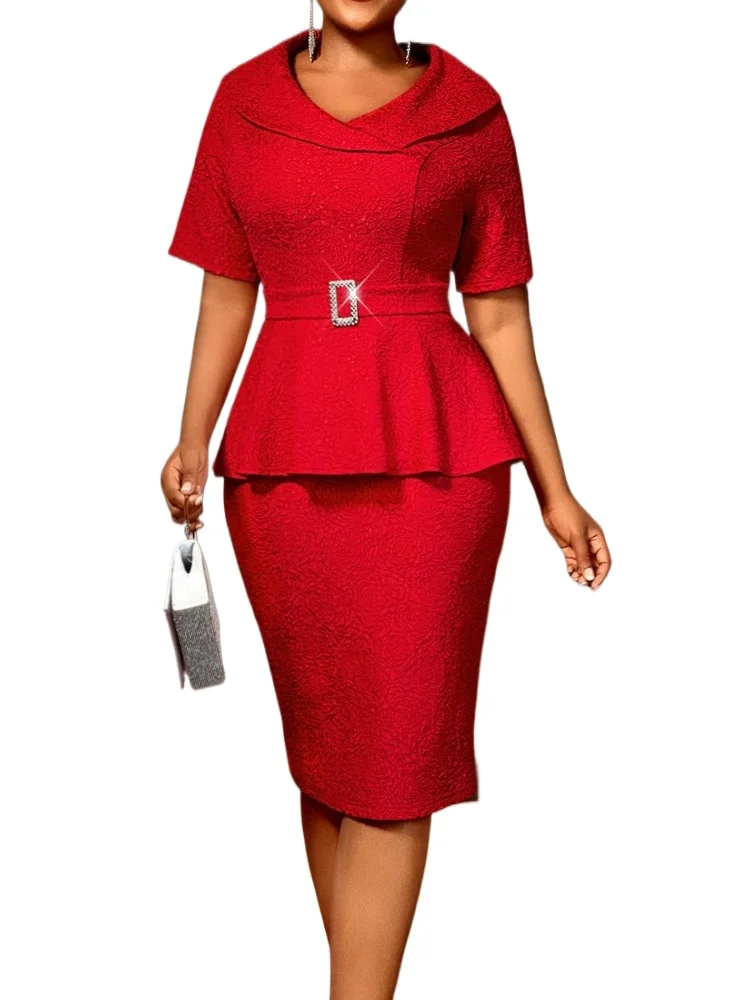 

Red Jacquard Long Women Dresses Floral Sashes Knee Length Turn Down Collar High Waist Slim Fit Dress for Evening 2025 New