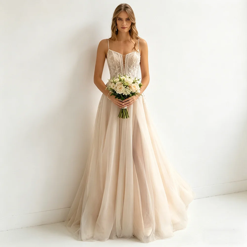Sexy Champagne Wedding Dresses Customized Spaghetti Straps V Neck Beading Applique Tulle A Line Bride Gown Sweep Train