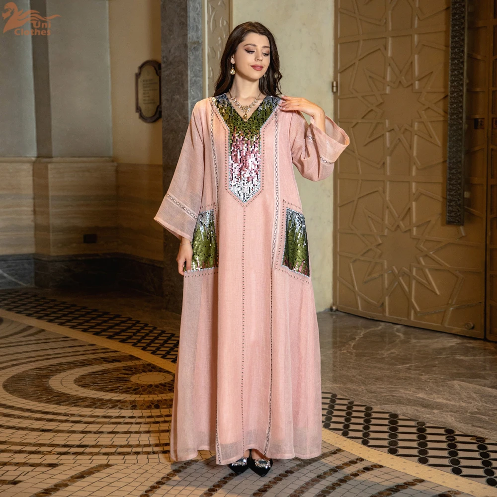 Luxury Middle East Muslim Dress for Women Eid Arab Sequins Abaya Islam Femme Party Jalabiya Turkey Dresses Moroccan Kaftan Robe