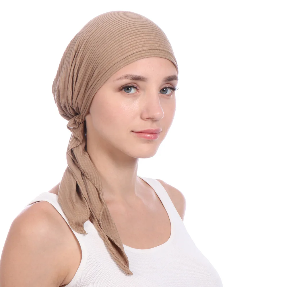 2026 New Crinkle Muslim Hijab Caps Wrap Head Soft Strech Long Tail Turban Bonnet Fashion Solid Color Headdress Wearable