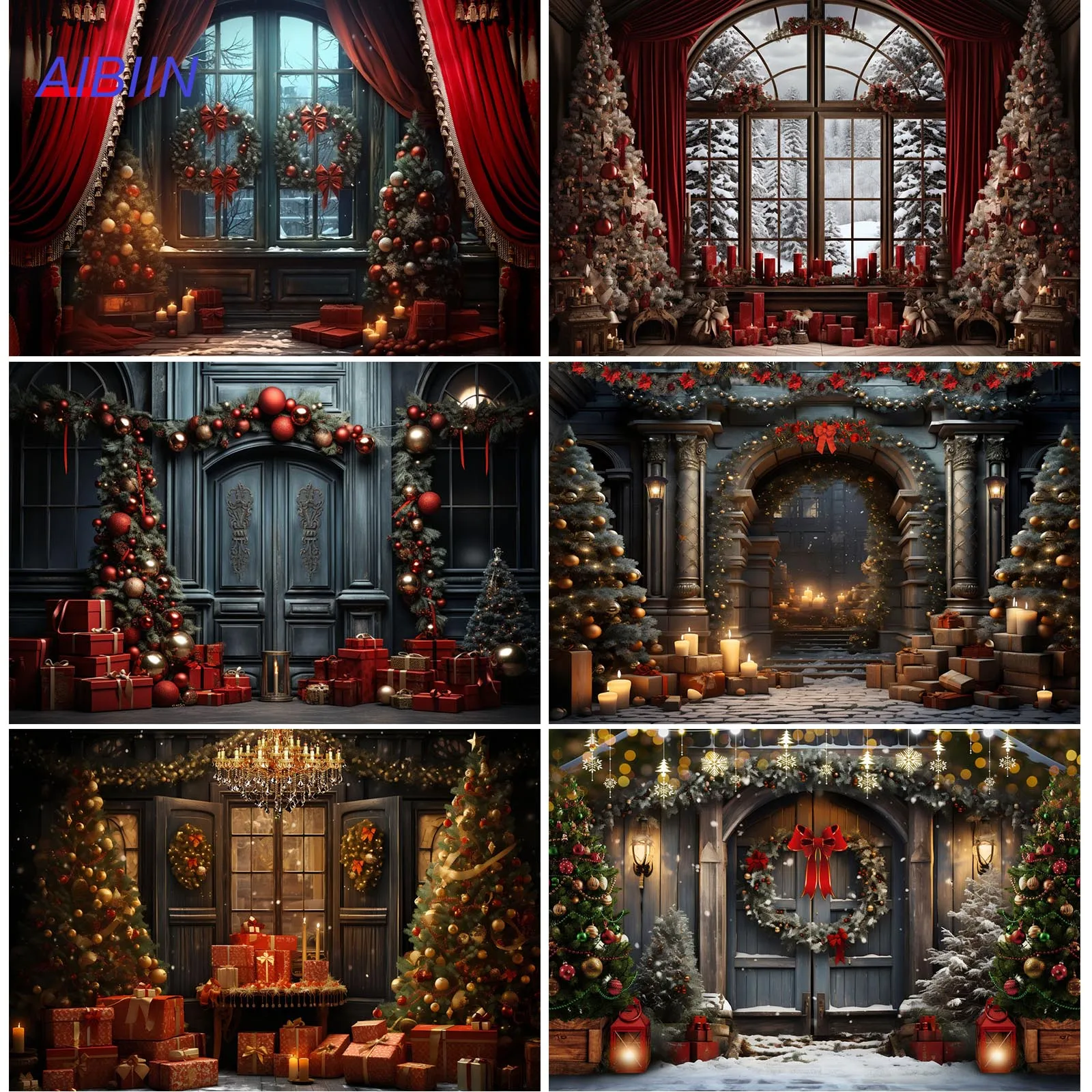 Winter Christmas Photography Backdrop Merry Xmas Tree Window Door Santa Gift Snow Kid Portrait Photozone Background Party Decor