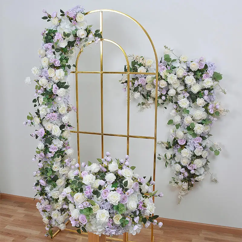 

Purple and white artificial rose flower row floral wedding arch background decorative birthday party props