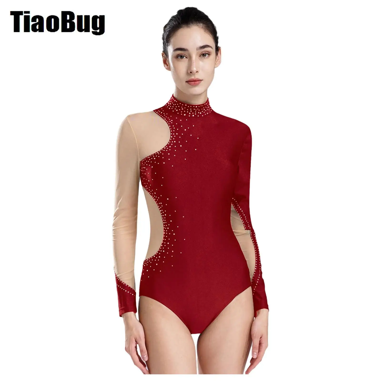 

Womens Sheer Mesh Patchwork Dance Leotard Glittery Rhinestones Figure Skating Long Sleeve Gymnastics Performance Bodysuit