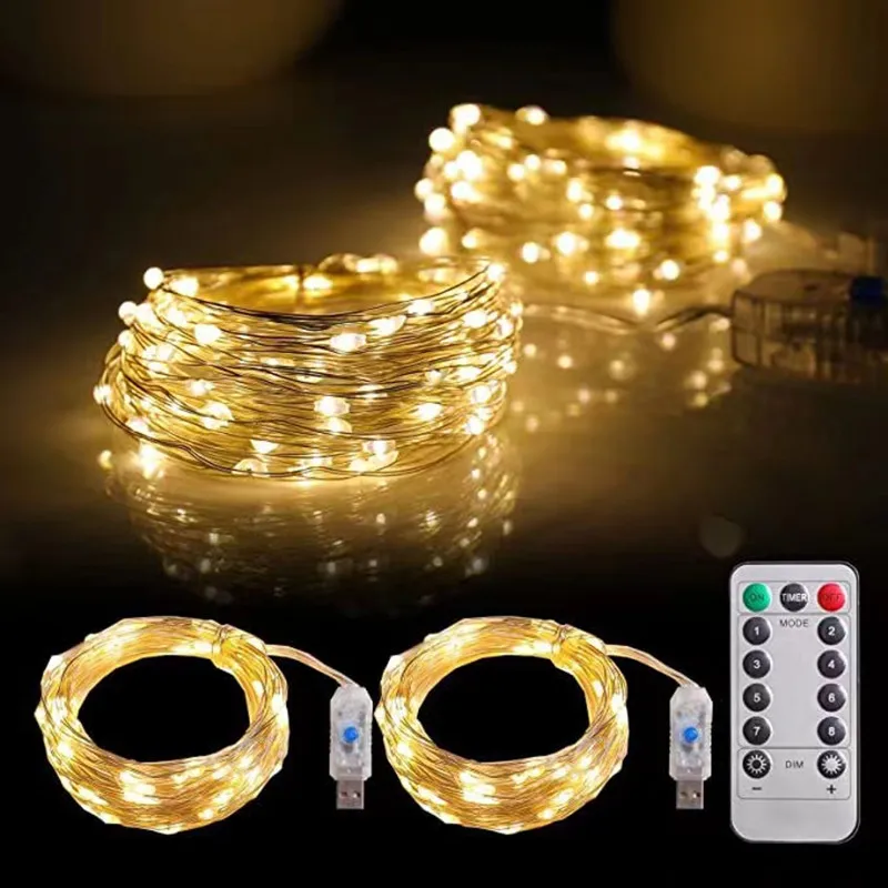 Christmas Garland LED USB String Lights 8 Function Remote Control Fairy Lights for New Year Wedding Party Tree Garden Decoration
