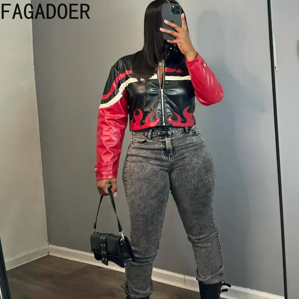 FAGADOER Black Embroidery Leather Jackets Moto Y2K Punk Streetwear Women Zip Long Sleeve Outwear Hot Girl Autumn Winter Clothing