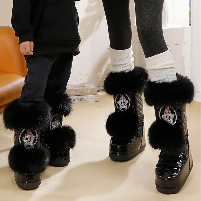 Parent-child Faux Rabbit Fur Snow Boots Mom Daughter Warm Water-proof Anti-slip High Tube Winter Shoes Children's Booties