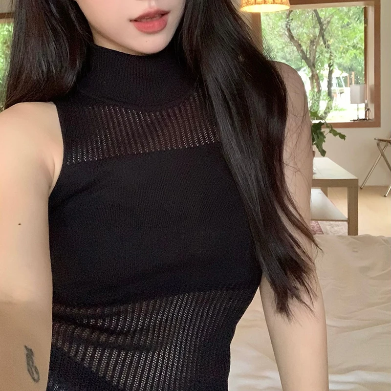 Summer Korean Solid Version Of Slim Half-high Neck Splicing Hollow Niche Design Sense Of Knitted Undershirt Female Tops Female