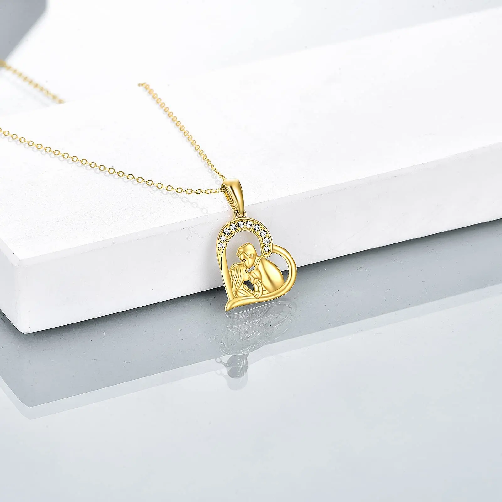 YFN Gift for Mom 14K Solid Real Gold Necklace for Women Mother Daughter Love Heart Pendant Family Necklace Jewelry Birthday Gift