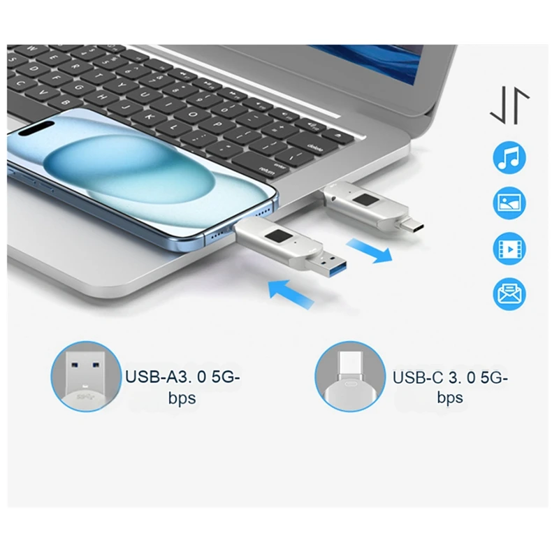 Disco USB criptografado adequado para celular e computador com reconhecimento de impressão digital Apple Type-C 3 em 1