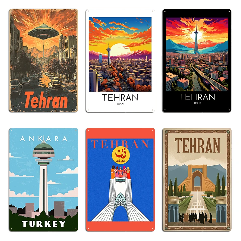 UFO above Tehran Retro Ankara Turkey Retro travel minimalistic poster Metal Retro Club Designer Cinema Tin Sign Poster
