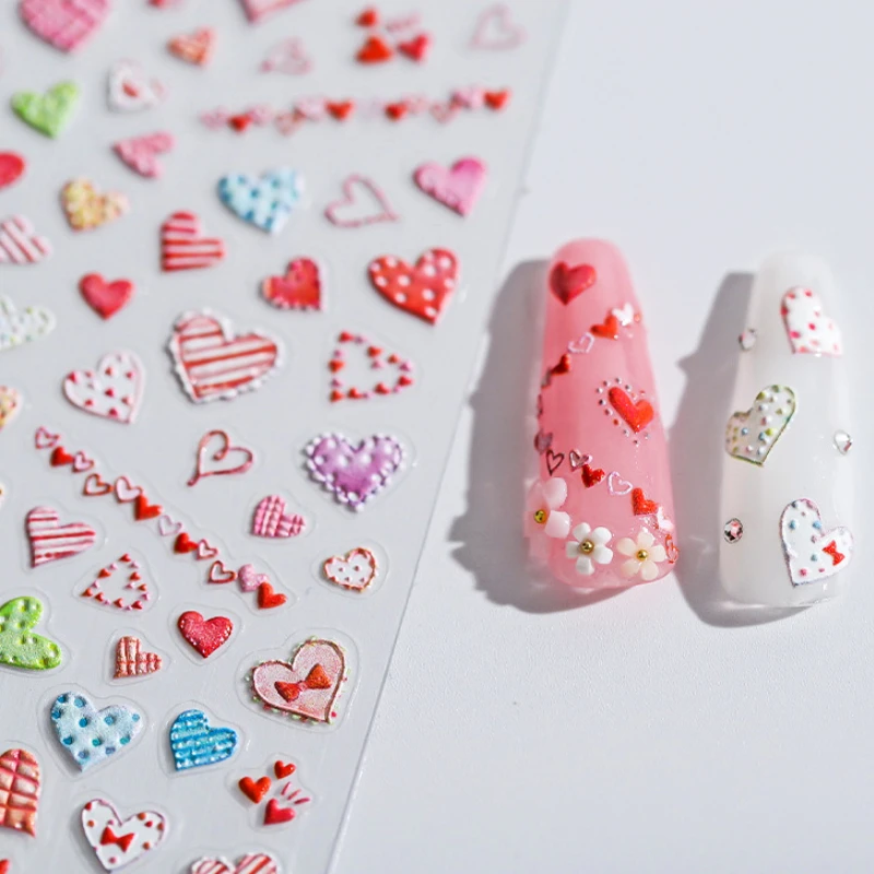 Cute Colorful Delicate Mini Red Love Heart 5D Soft Relief Embossed Self Adhesive Nail Art Decoration Stickers 3D Manicure Decals