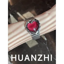HUANZHI Red Love Laser Stars Metal Strap Unisex Bracelet Simple Personality Punk Jewelry for Women Men Birthday Gift Bracelet