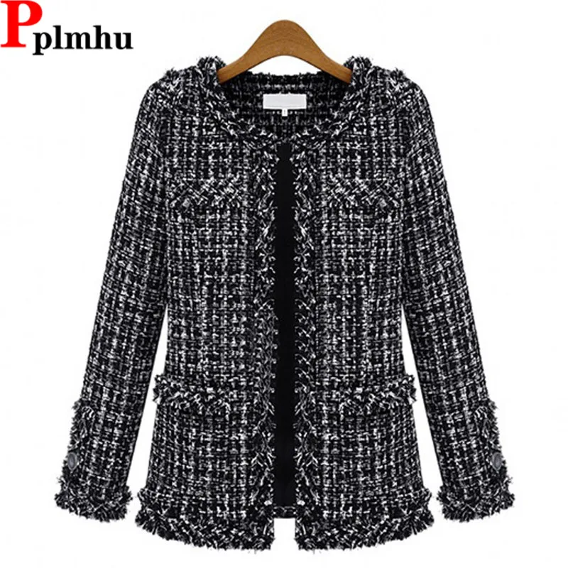 

Slim Plaid Woolen Tweed Jackets Vintage Casual Elegant Korean New Fashion Cardigan Jaqueta Outerwears Women Office Ceketler