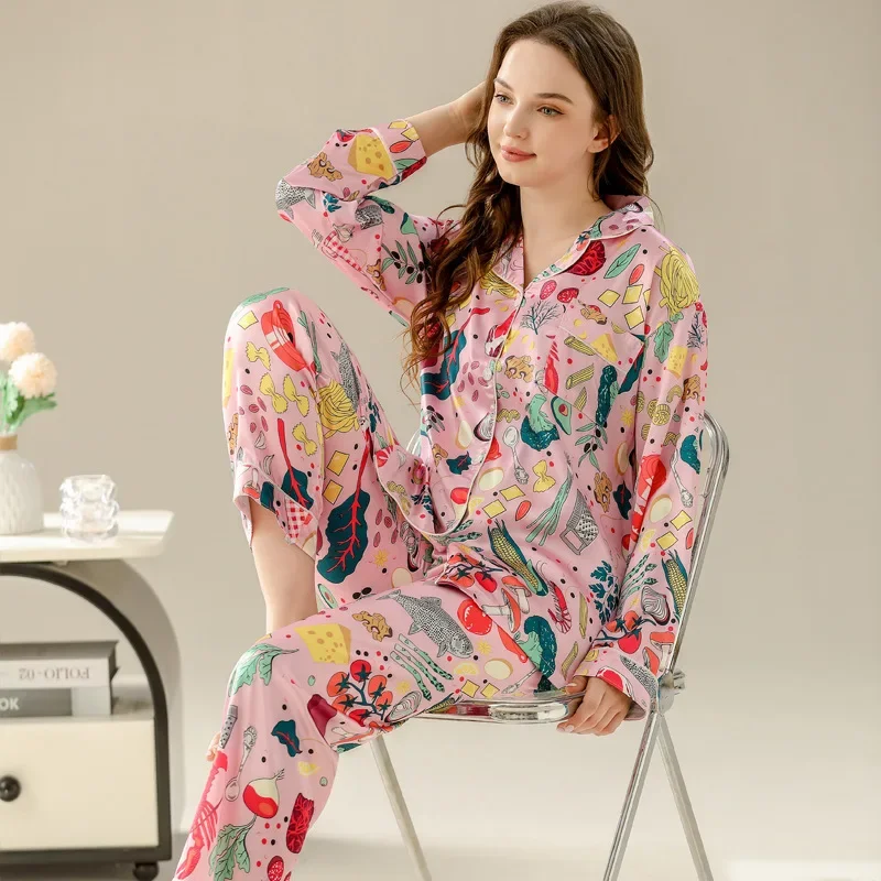 Women\'s Pajamas Sets Spring Autumn 2 Piece Print Pyjama Faux Silk Satin Sleepwear Long Sleeve Pijama Mujer Pjs Homewear