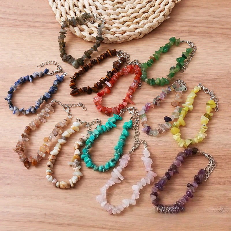 10pc Irregular Natural Gem Stone Bracelet Chip Beads Nuggets Fluorite Amethyst Rose Crystal Quartz Bracelets Bangles for Women