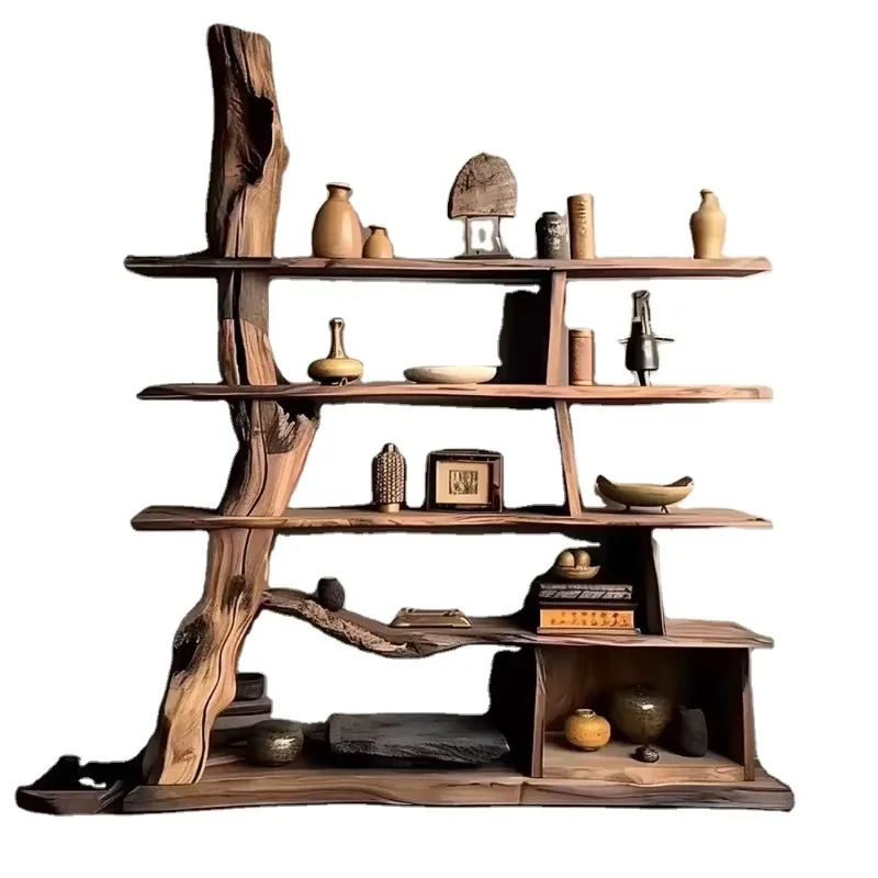 

Old elm bookcase solid wood display stand rural Duobao cabinet wall shelf home office catering