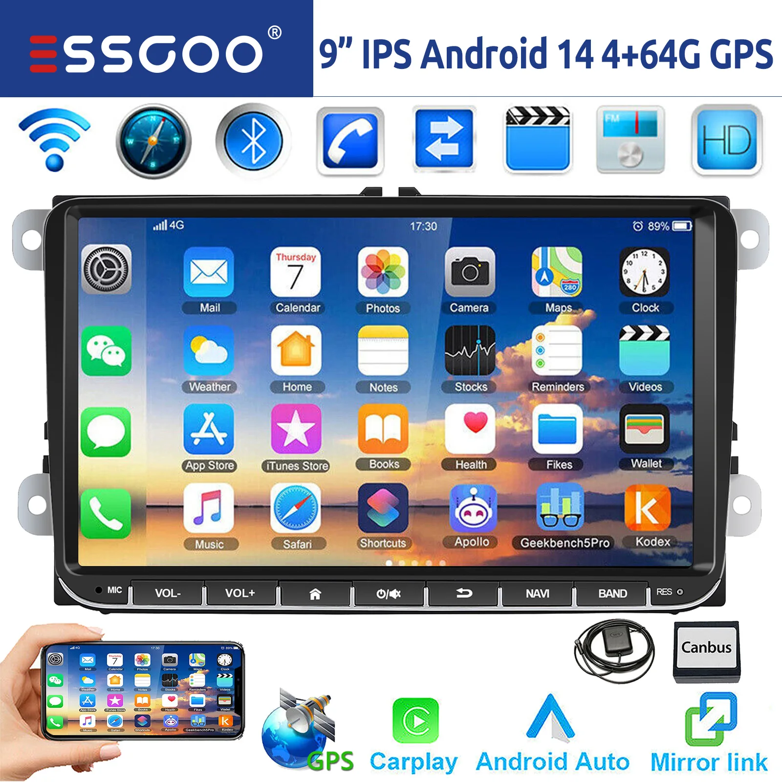 ESSGOO 9" Android 14 4G+64G Apple Carplay Autoradio GPS NAVI WIFI RDS FM BT für VW Golf 5 6 Passat Polo Touran Tiguan Caddy EOS