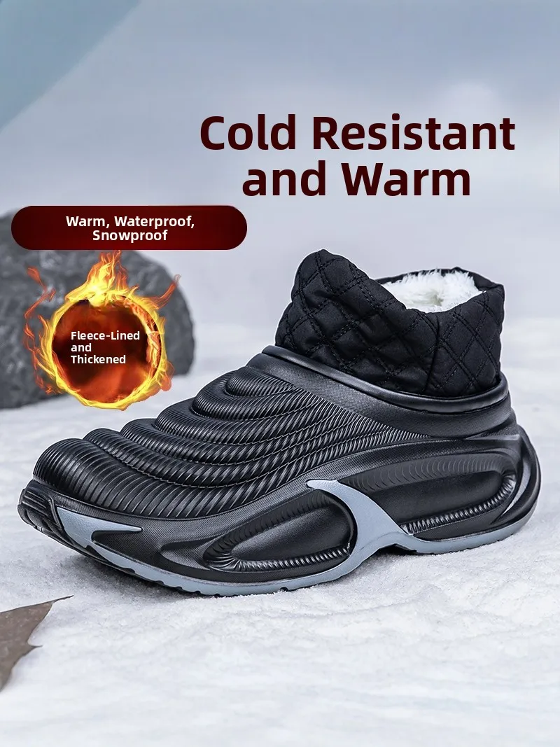 Men's Winter Thickened Fleece Lined High Top Snow Boots Outdoor Waterproof Anti-slip Rubber Sole Warm Cotton Shoes