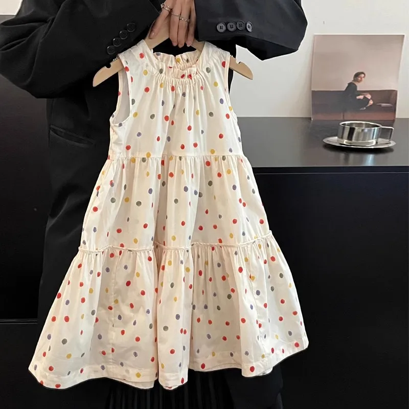 2024 Korean  Fashion Summer Children's Clothing 2024 New Model Girl Dot Decoration Big Skirt Hem Soft Cotton Comfortable Dress