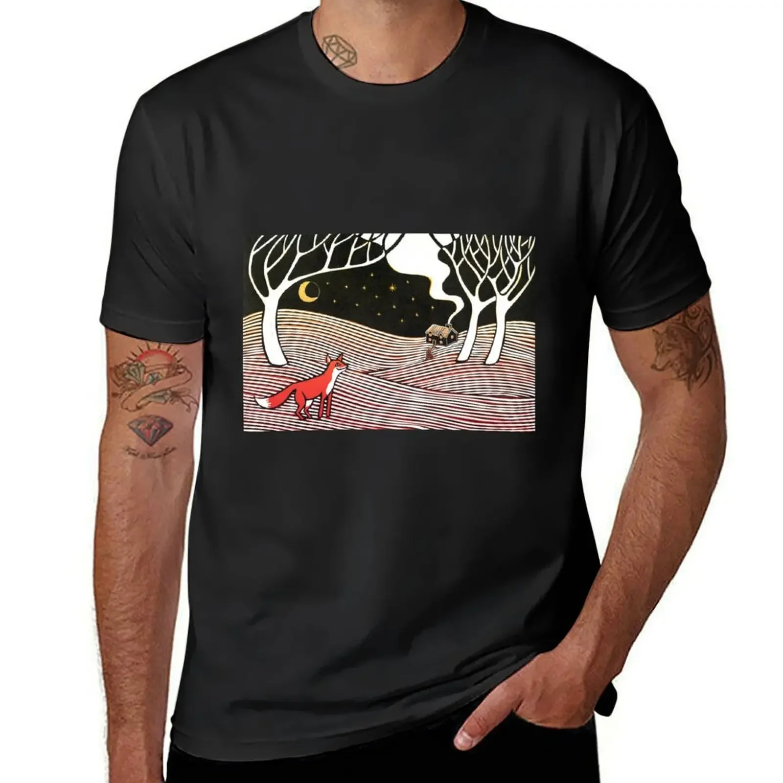 Stargazing - Fox in the Night - linocut by Francesca Whetnall T-Shirt summer clothes man clothes plain black t shirts men