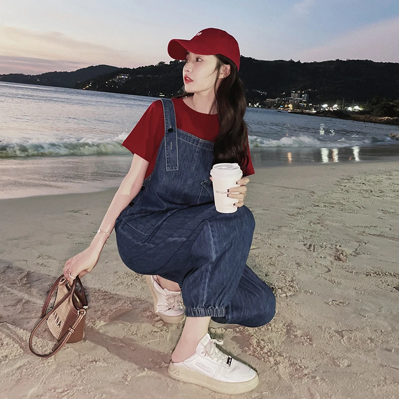 Vintage Denim Strap Pants Women Overalls 2024 Spring Summer Loose Streetwear Casual Harem Jeans Cowboy Trousers Female 7728